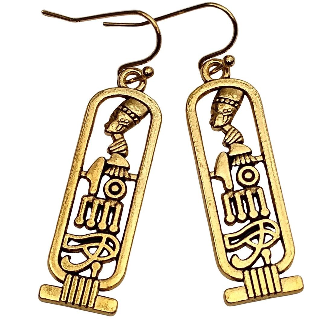 Gold Tone Egyptian Cartouche Charm Earrings, Nefertiti Eye of